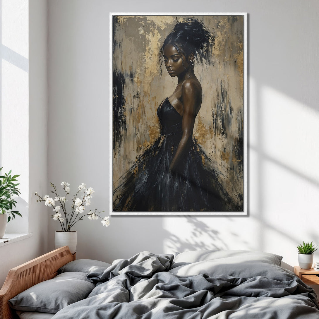 Framed Wall Art: Elegant woman in black dress. Abstract art style with gold and neutral tones. Perfect for bedroom decor.