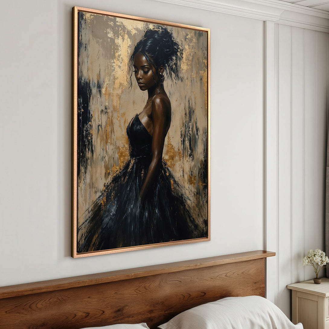 Framed Wall Art: Elegant woman in black dress. Abstract art with gold, black, and beige palette. Perfect for bedroom decor. Shop now!