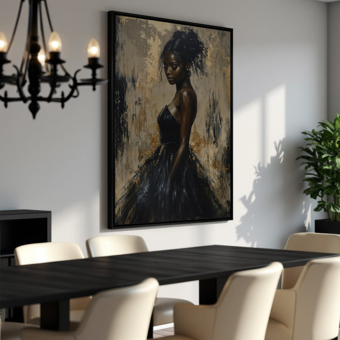Framed Wall Art of elegant woman in black dress, abstract style, gold & black palette. Perfect for dining rooms! Shop now!