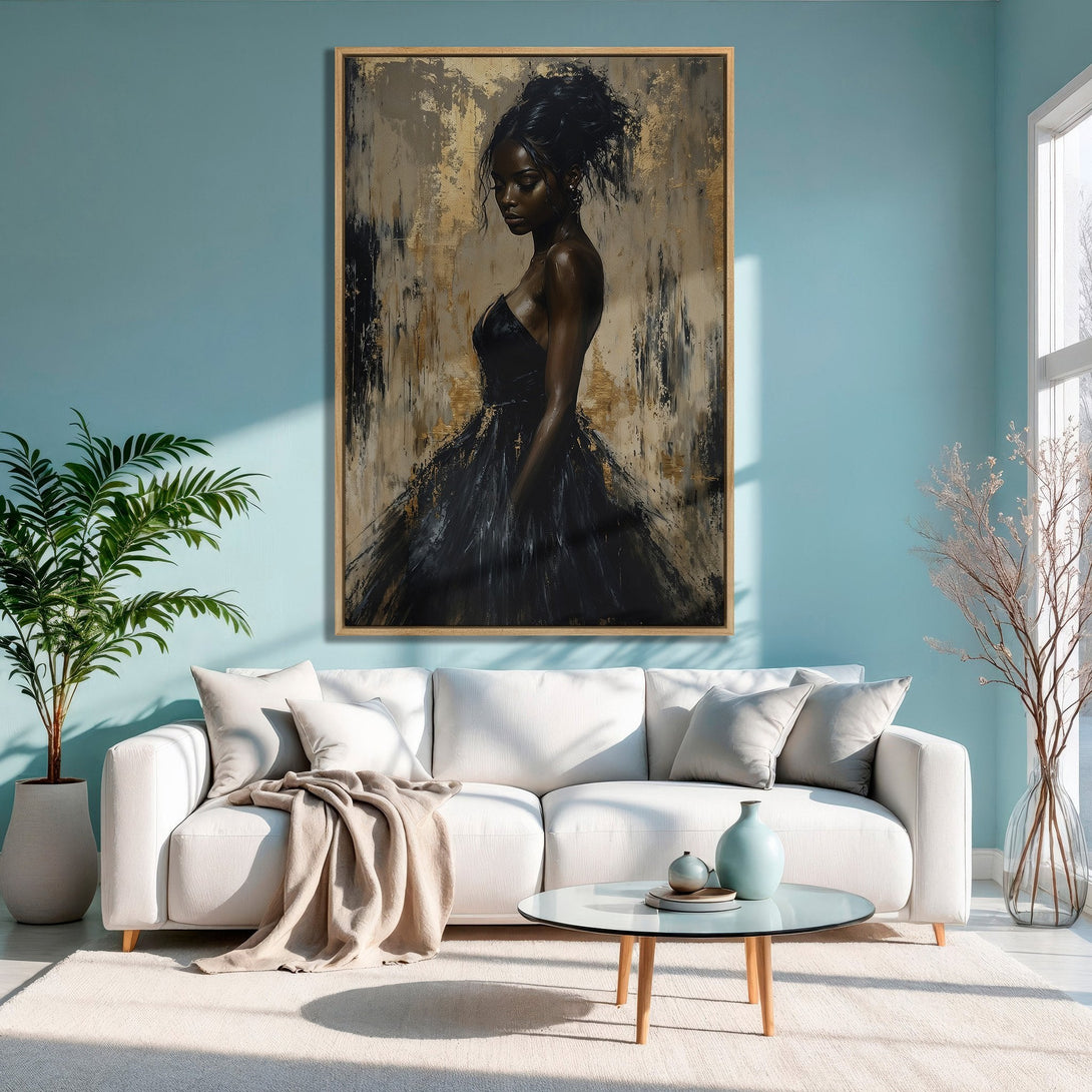 Framed Wall Art: Elegant portrait of a woman in black dress, abstract style, gold & black on a neutral background, displayed in a modern living room.