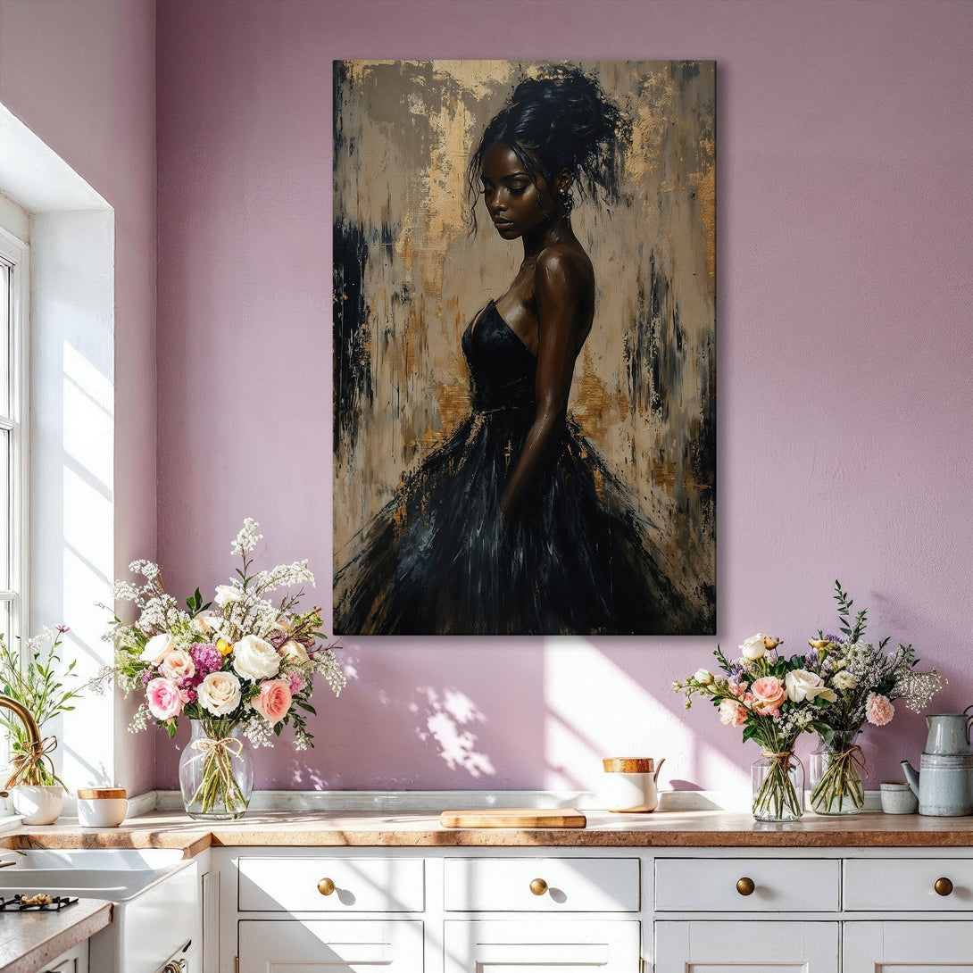 Framed Wall Art: Elegant woman in black dress, abstract style, gold, black, and neutral tones. Perfect for modern home decor.