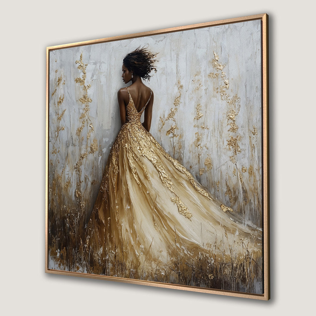 Framed Wall Art: Elegant woman in gold dress. Abstract style, neutral and gold color palette. Perfect for adding a touch of luxury to your home.