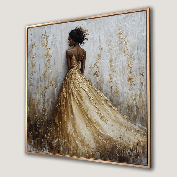 Framed Wall Art: Elegant woman in gold dress. Abstract style, neutral and gold color palette. Perfect for adding a touch of luxury to your home.