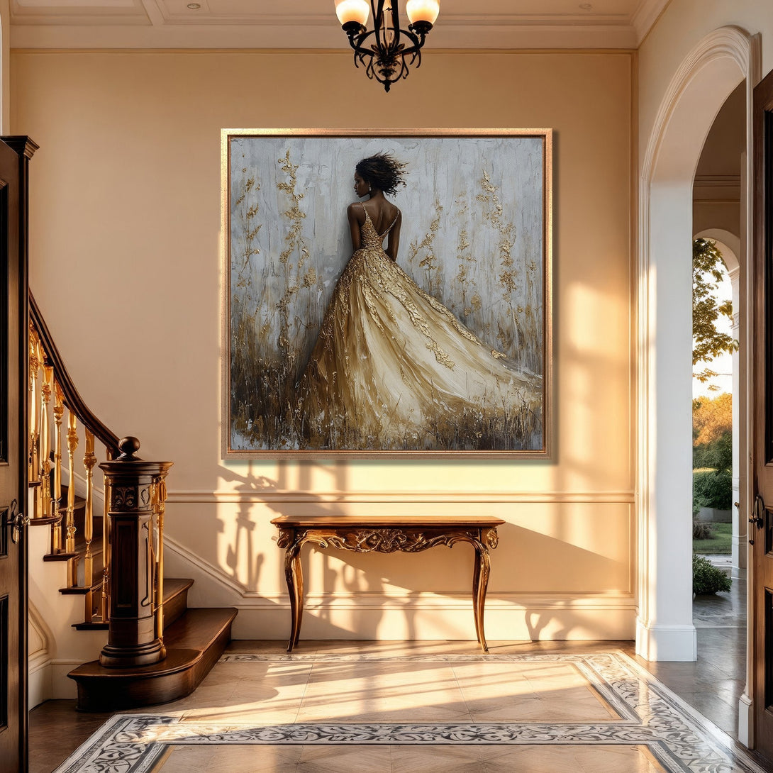 Framed Wall Art: Elegant woman in gold dress, impressionist style. Neutral palette with gold accents. Perfect for luxury home decor.