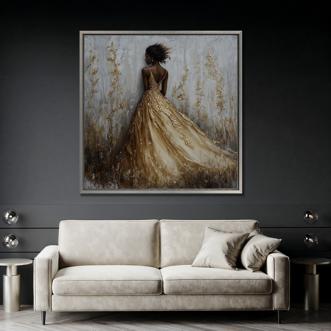 Framed Wall Art of elegant woman in gold dress, neutral palette. Modern Canvas Print decor for living room.