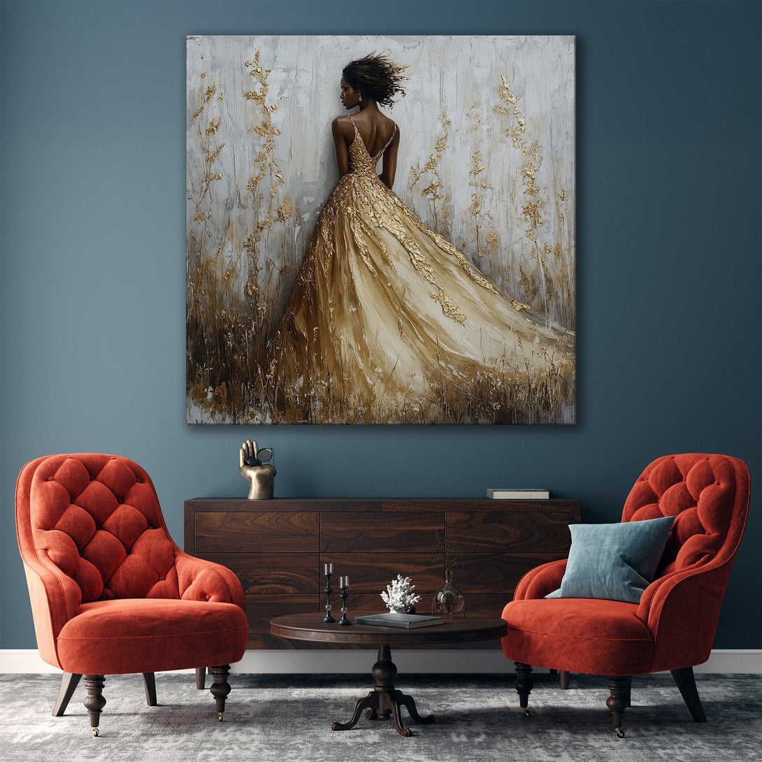 Framed Wall Art featuring a woman in a gold dress, displayed in a modern living room. Elegant, abstract style with a neutral and gold color palette.
