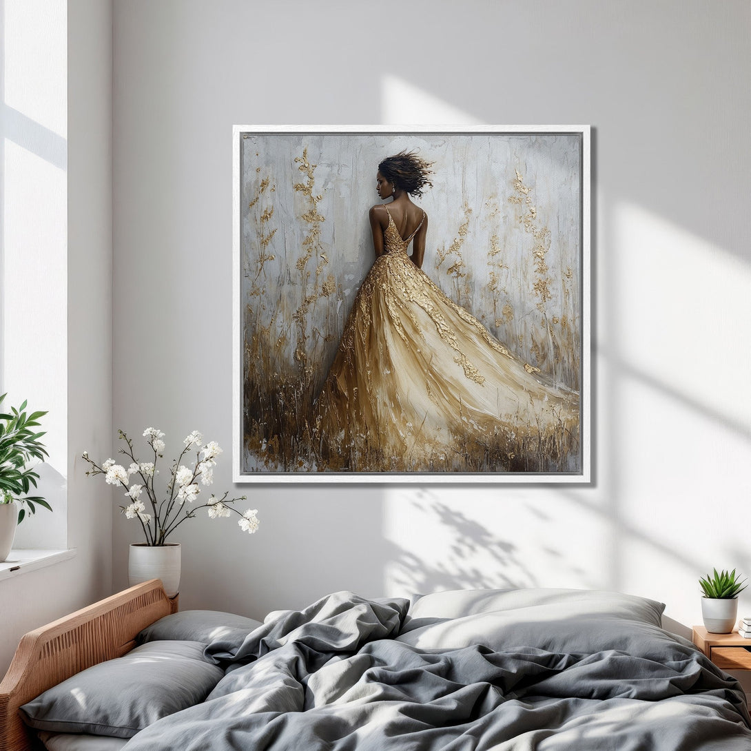 Framed Wall Art: Elegant woman in gold gown, abstract art style. Neutral palette with gold accents, perfect bedroom decor.