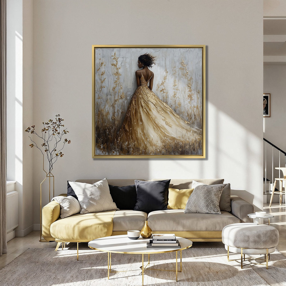 Canvas Print of a woman in a gold dress. Elegant art in a neutral, gold, and teal color palette. Perfect for living room decor.