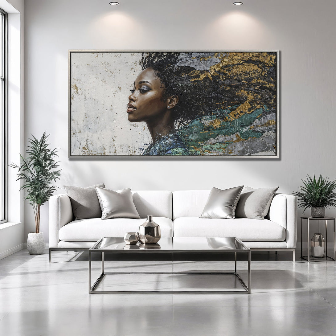Framed Wall Art featuring a woman's portrait in a profile view, with gold, green, and gray accents. Modern art for your home.