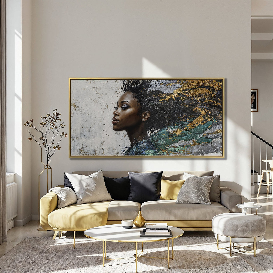 Canvas Print featuring a beautiful Black woman portrait in a modern, abstract style with gold, teal, and neutral tones. Perfect wall art!