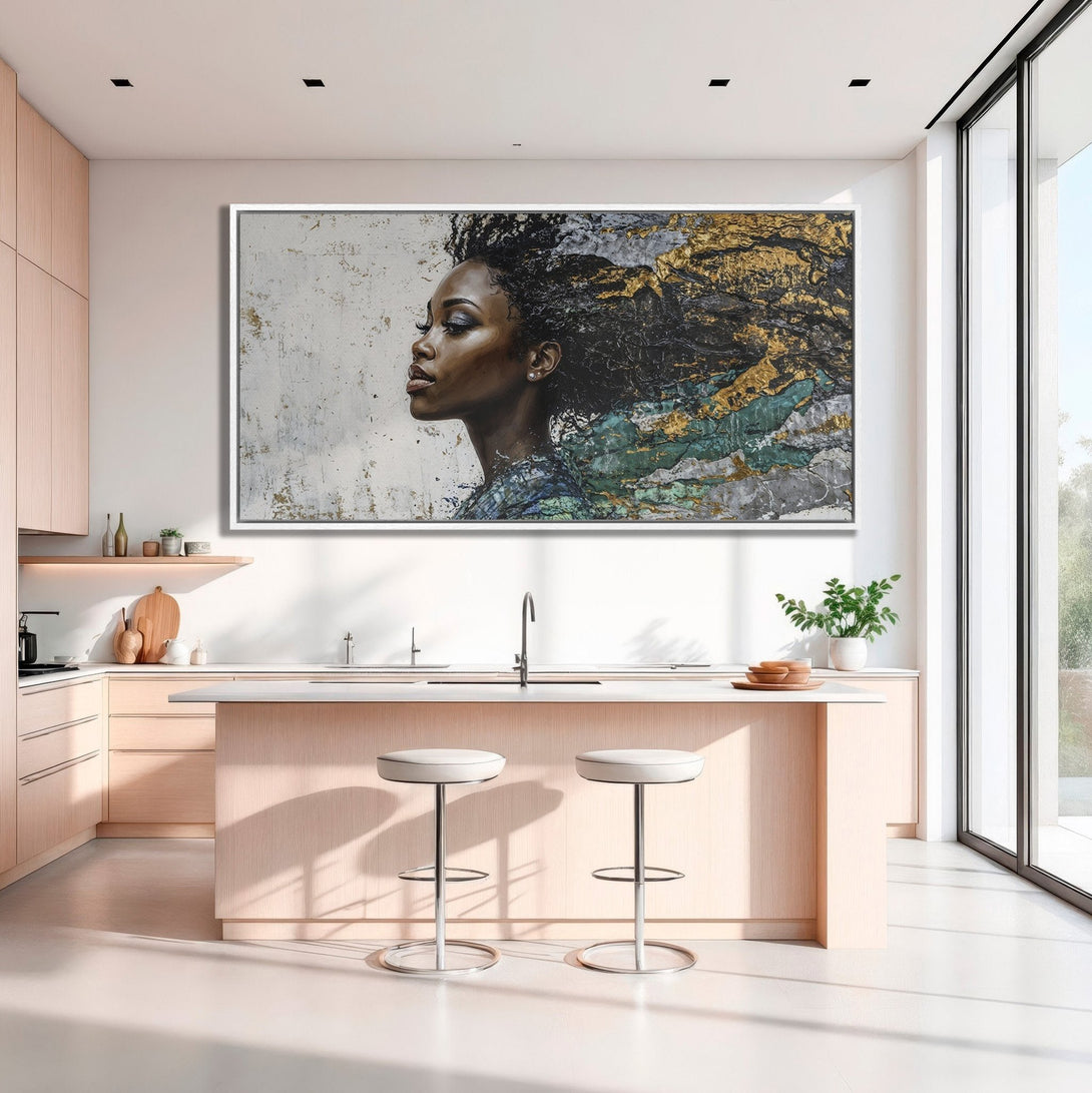 Framed Wall Art: Stunning portrait of a woman with gold and teal accents. Abstract style Canvas Print adds elegance to any space. Neutral color palette.