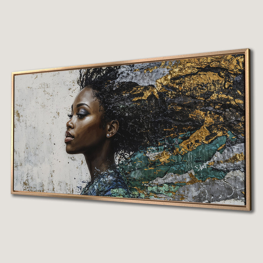 Framed Wall Art: Stunning portrait of a woman with flowing hair, abstract style, gold, green, and gray color palette. Elevate your space with this unique art piece.