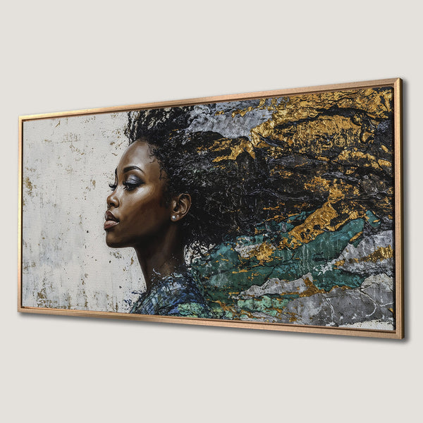 Framed Wall Art: Stunning portrait of a woman with flowing hair, abstract style, gold, green, and gray color palette. Elevate your space with this unique art piece.