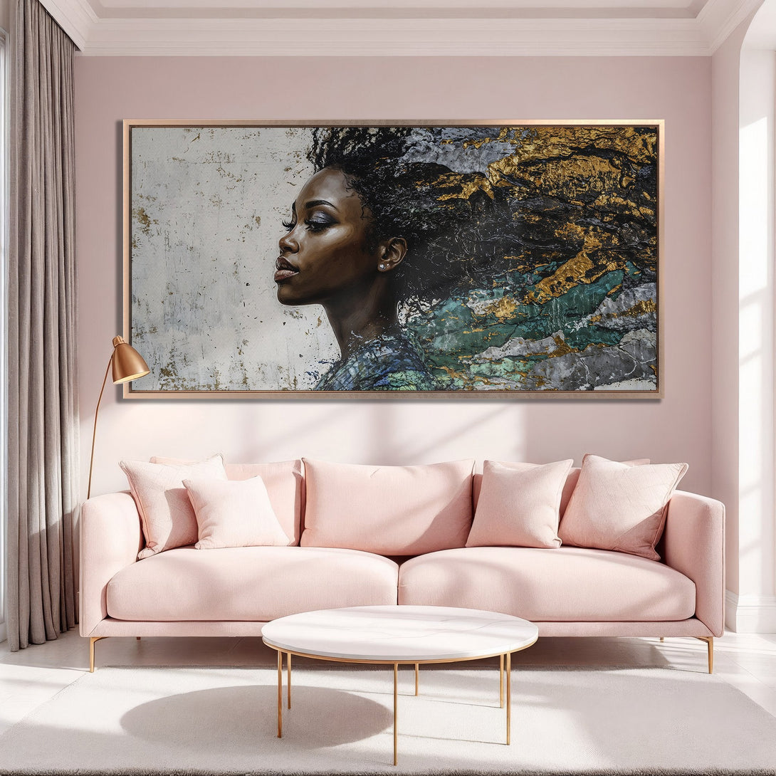 Framed Wall Art: Abstract portrait of a woman with gold and teal accents. Modern art with a blush and gold color palette. Perfect for home decor.