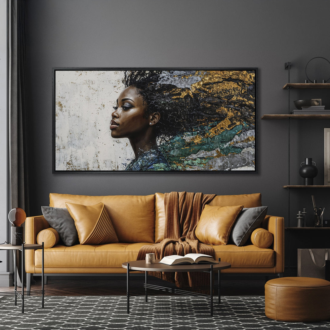 Framed Wall Art featuring an elegant woman in profile, abstract style with gold, green, and grey tones. Modern art to elevate your home decor.