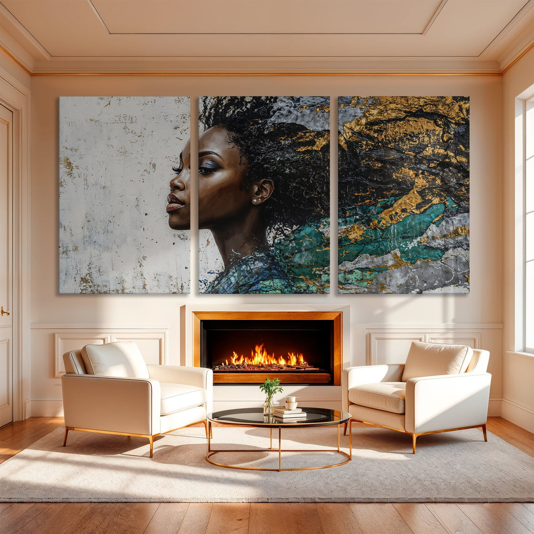 Canvas Print triptych featuring a Black woman's profile with abstract textures in gold, teal, and gray. Modern art for stylish home decor.