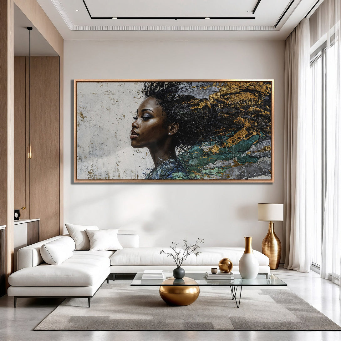 Framed Wall Art: Abstract portrait of a woman with gold accents, displayed in a modern living room. Neutral color palette with pops of gold and green.