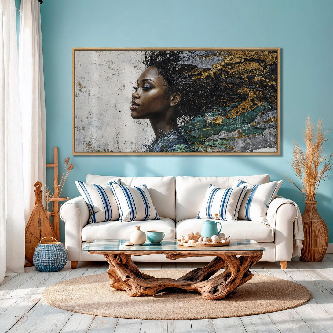 Framed Wall Art featuring a woman's profile. Modern abstract style with gold, teal, and neutral tones. Perfect for living room decor.