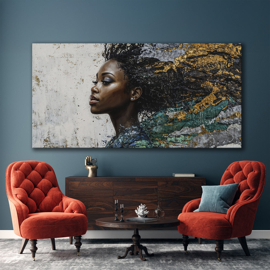 Framed Wall Art of a woman with flowing hair, abstract style, gold, black, and teal palette, perfect for living room decor.