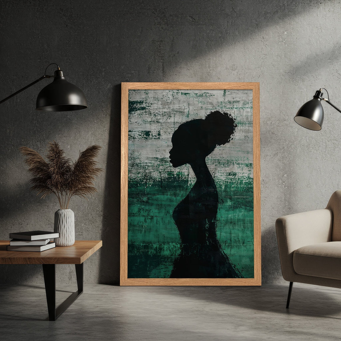 Framed Poster of an African woman silhouette in an abstract style, green and grey color palette, perfect wall art.