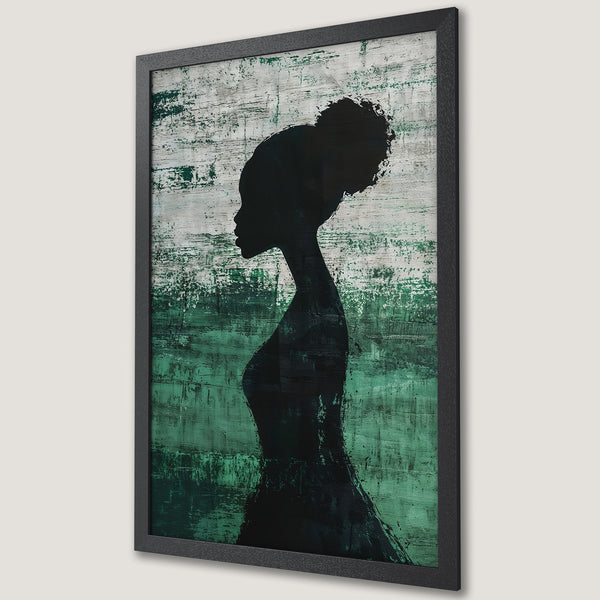 Framed Poster featuring a silhouette of a woman in black against a textured green and white abstract background. Modern art print.