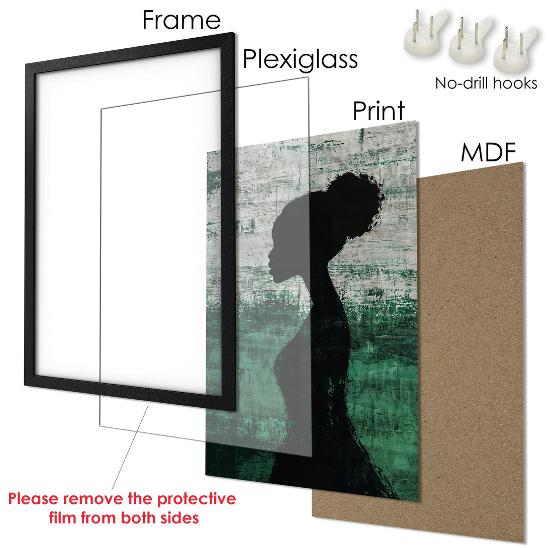 Framed Poster featuring a woman's silhouette in black & green abstract art style. Modern wall decor for home or office.