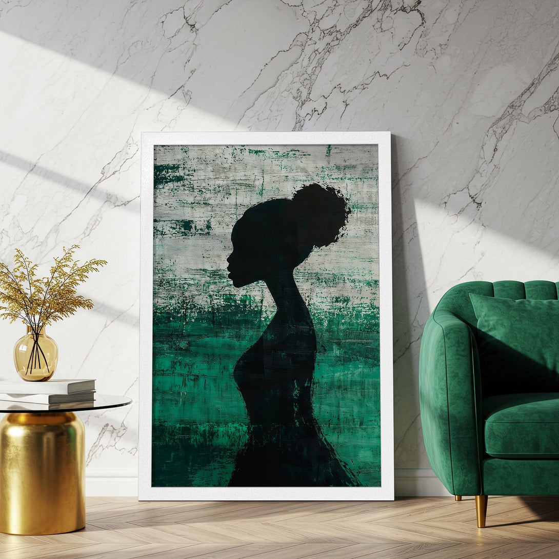 Framed Poster featuring a black silhouette of a woman against an abstract green & white background. Modern art style, perfect for home decor.