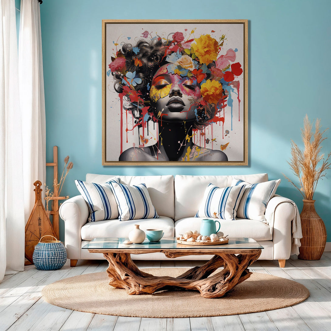 Framed Wall Art: Abstract portrait with floral elements, vibrant colors. Modern art canvas print for home decor, featuring a woman in a colorful style.