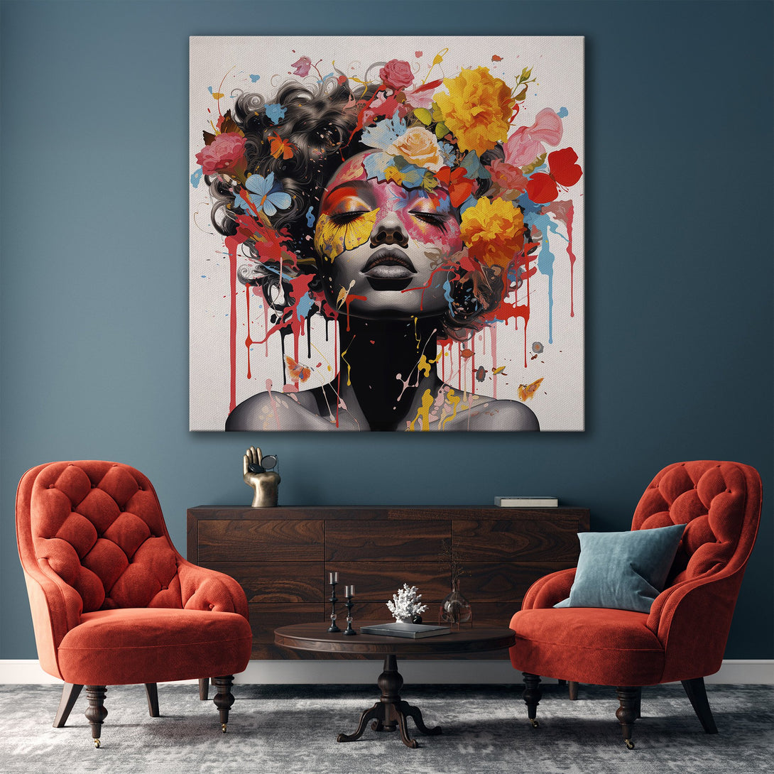 Framed Wall Art featuring a woman with floral hair, vibrant colors, and a modern, artistic style. Perfect for adding a pop of color to any room.