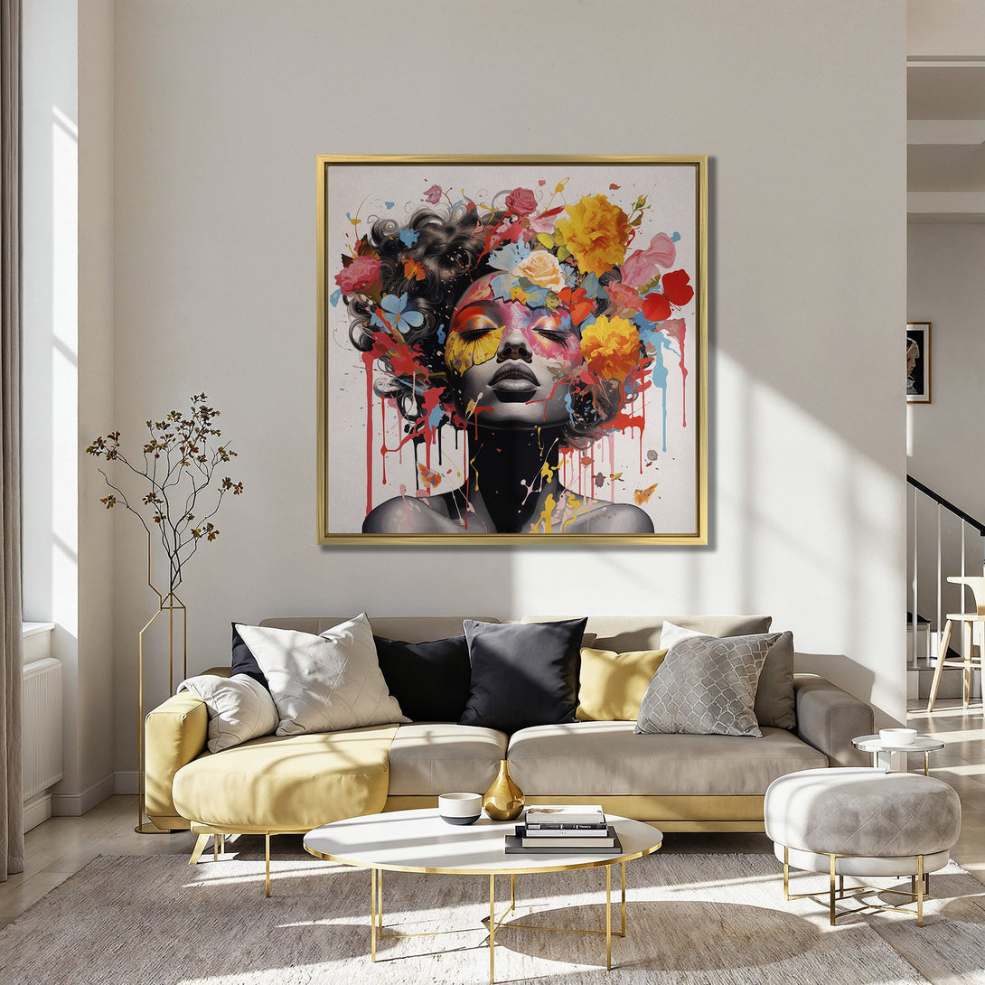 Canvas Print: Abstract portrait of a woman with colorful floral hair. Modern art with a vibrant, multi-color palette. Adds a pop of color to any room.