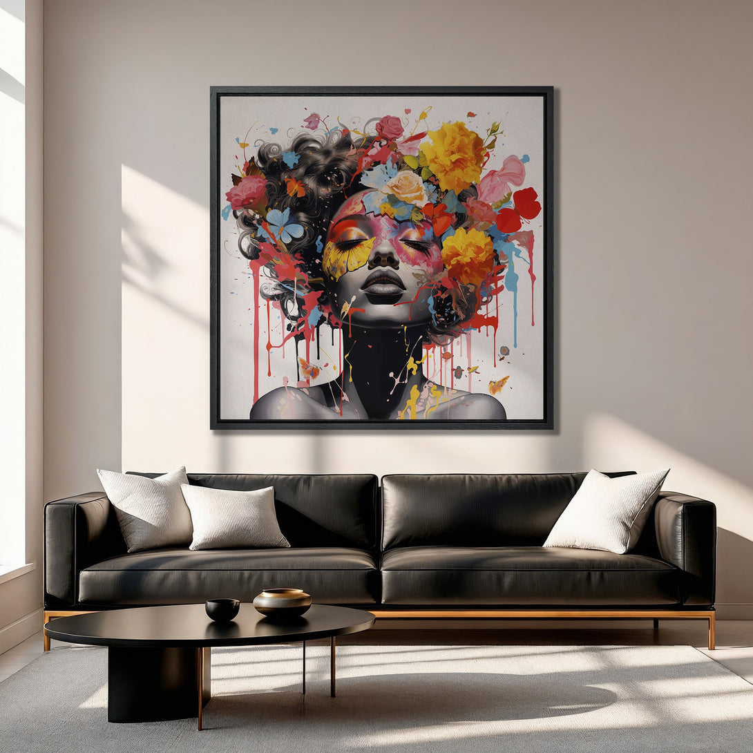 Framed Wall Art: Abstract portrait with floral hair, vibrant colors on canvas. Modern art for home decor, adds a pop of color to any space.