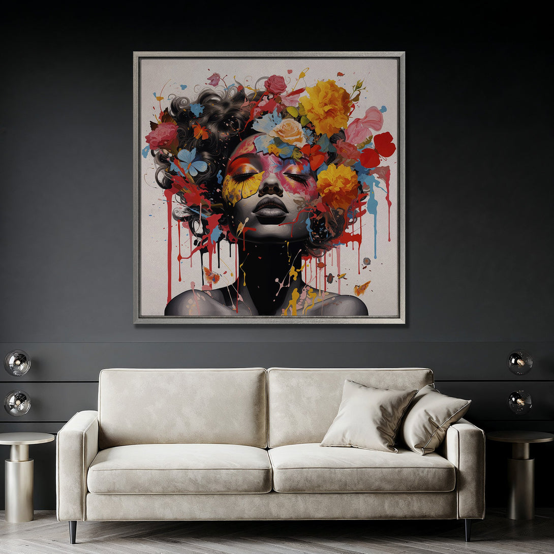 Framed Wall Art: Abstract portrait with floral crown. Vibrant colors pop against a dark background. Modern canvas art for living room decor.