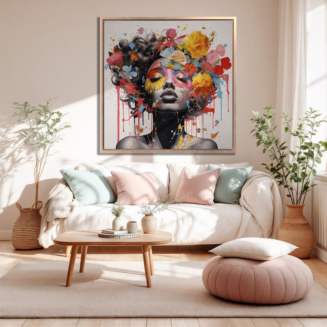 Framed Wall Art featuring a vibrant floral portrait. Modern art with a colorful, expressive palette, perfect for living room decor.
