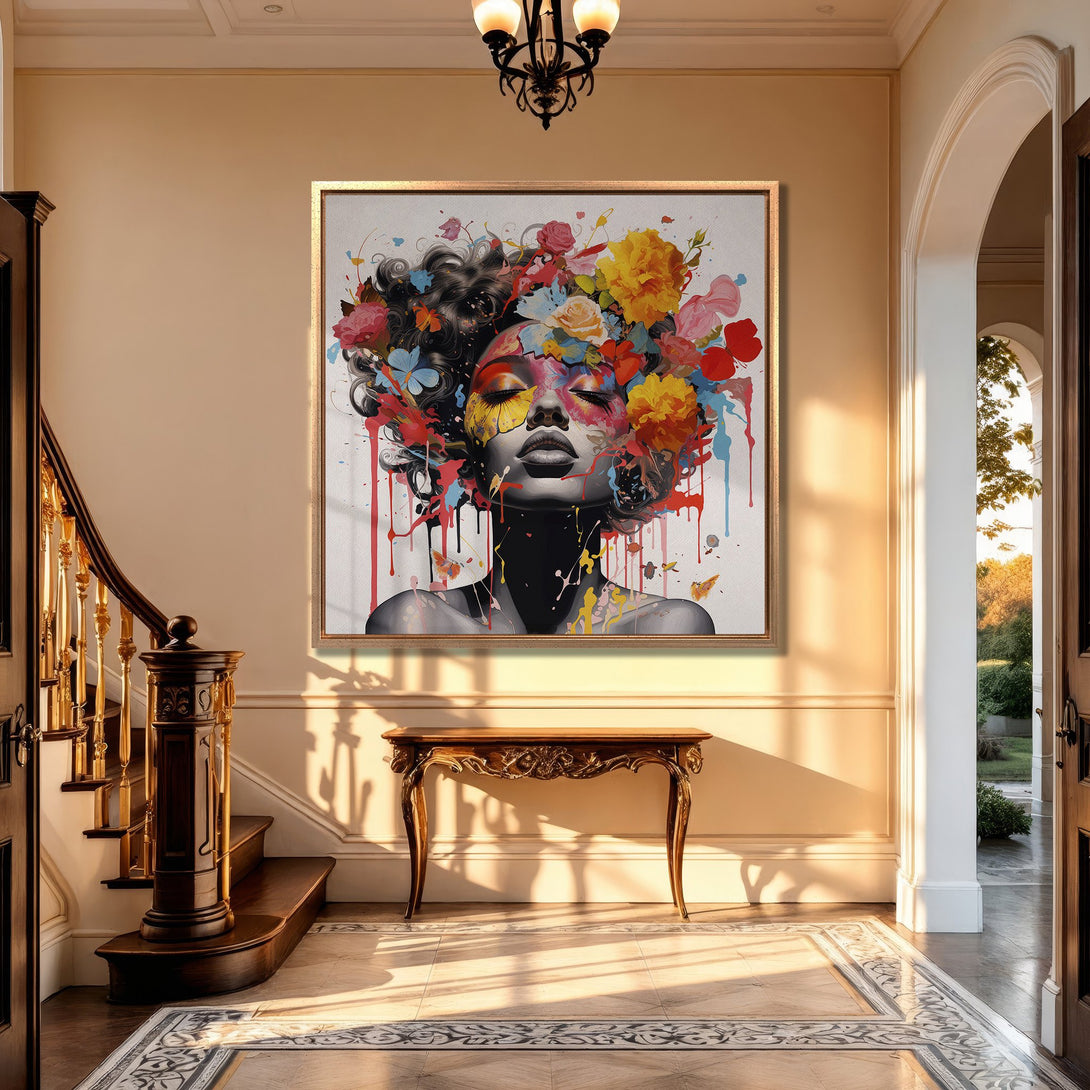 Framed Wall Art featuring a vibrant portrait of a woman with floral hair, in a modern, colorful style. Perfect for adding art to your home.