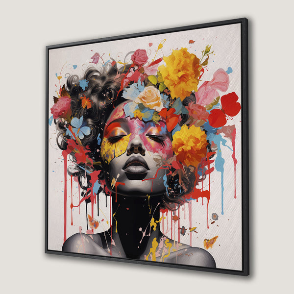 Framed Wall Art: Abstract portrait with vibrant floral crown, colorful paint splatter, and a striking black and white contrast. Modern art for your home!