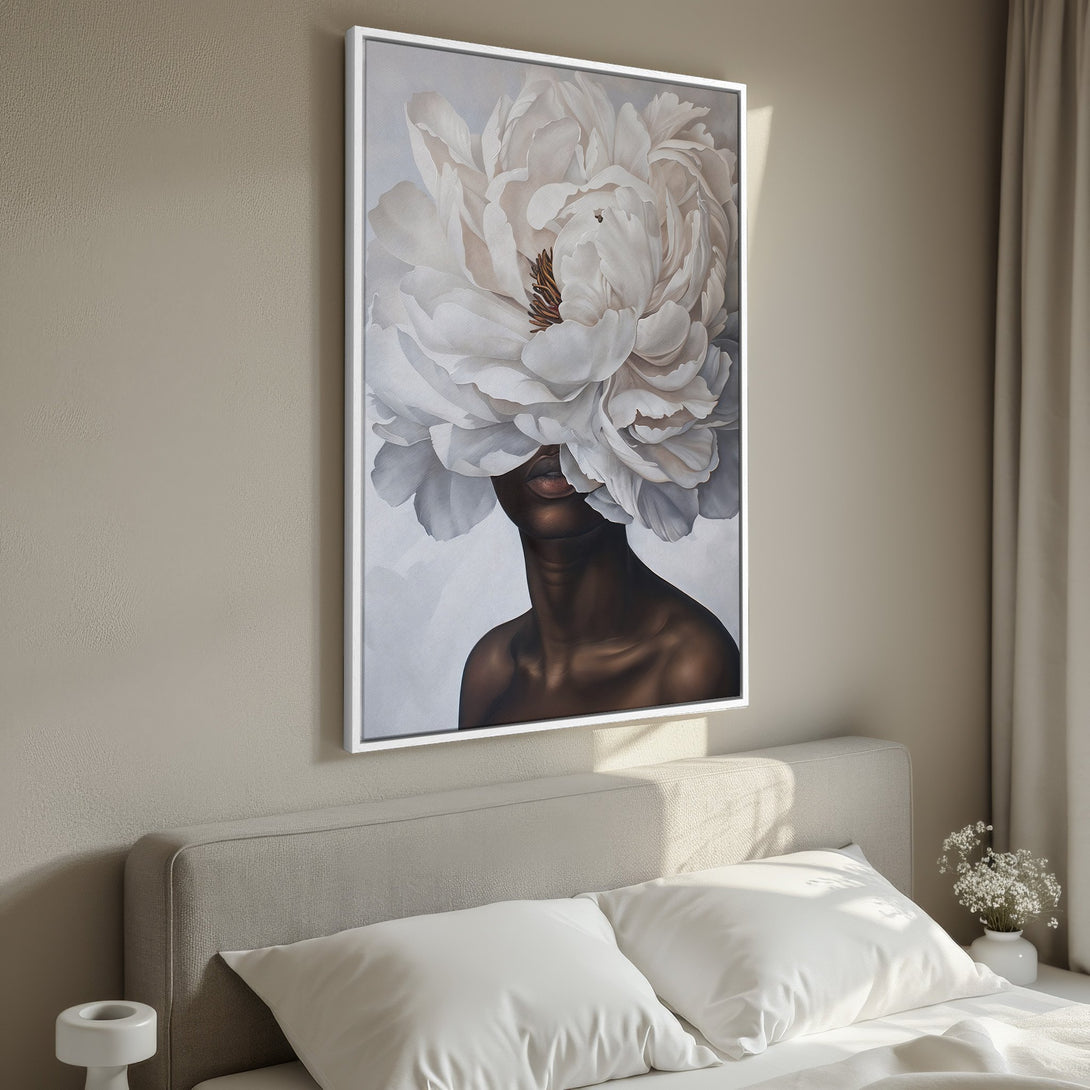 Framed Wall Art featuring a woman with a flower head in a neutral color palette. Modern Canvas Print for bedroom decor. Add elegance to your space!