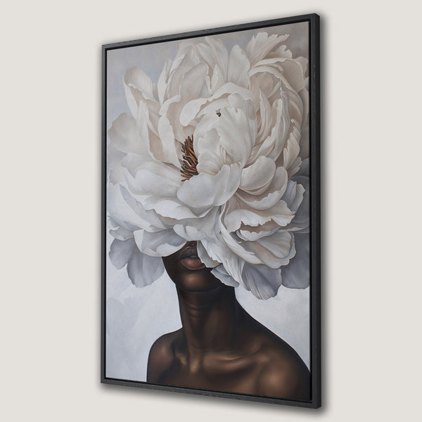 Framed Wall Art: Woman with flower headpiece. Modern, neutral color palette Canvas Print. Perfect for living room or bedroom decor. Shop now!
