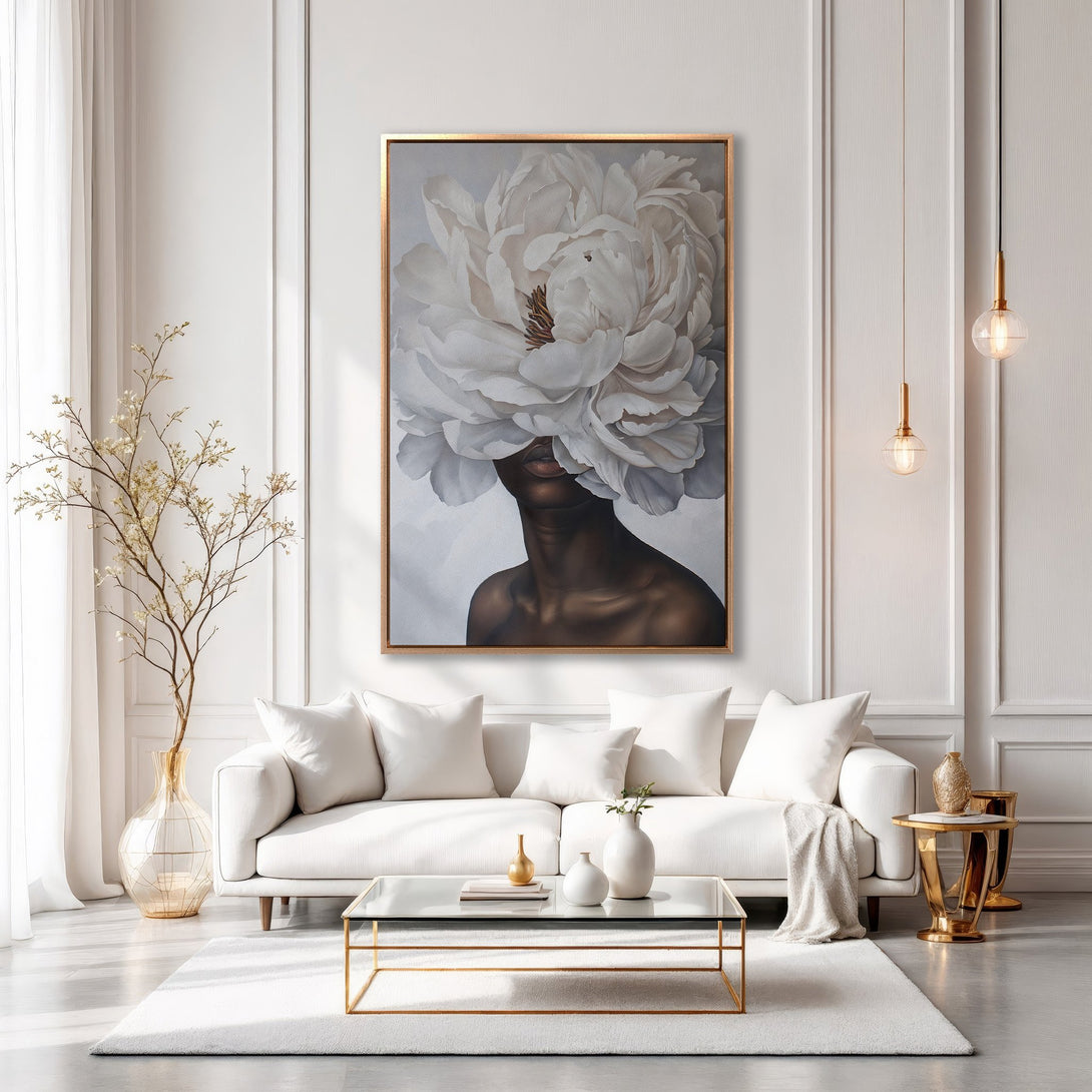 Framed Wall Art: Elegant portrait of a woman with a flower head in a modern interior. Neutral color palette with gold accents. Perfect for home decor.