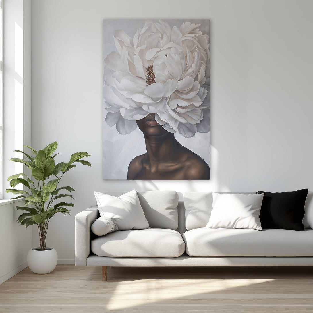 Framed Wall Art featuring a woman with a flower head, elegant and artistic, in neutral tones. Perfect for adding a touch of sophistication.