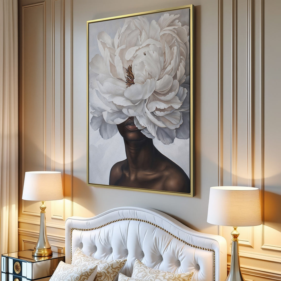 Canvas Print: Elegant portrait of a woman with a floral headdress. Minimalist style in a soft, neutral color palette. Perfect wall decor.