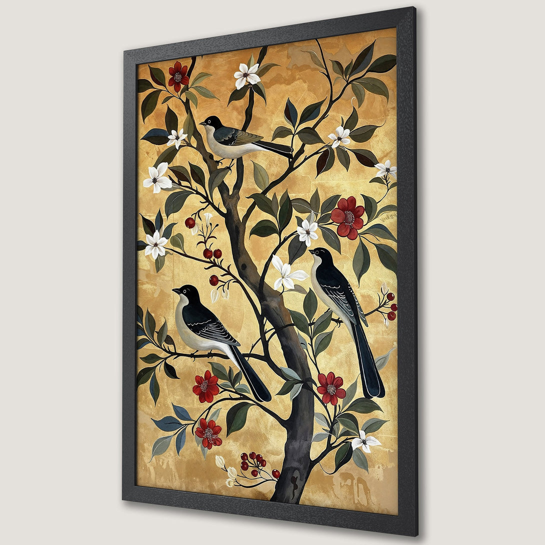 Framed Poster featuring birds on a tree with a gold background. A beautiful art print in a classic style with red, white, and gold tones.