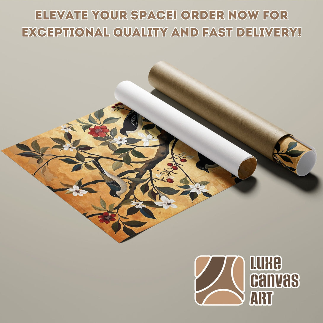 Bird & floral Poster Roll art print, gold and earthy tones, perfect for home decor.