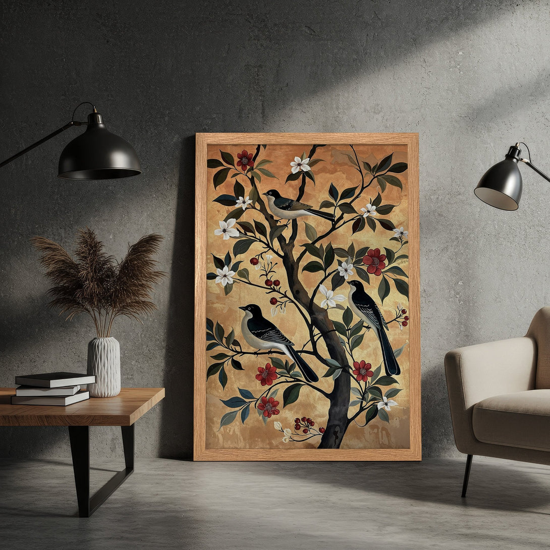 Framed Poster featuring birds on a tree with flowers, in a vintage style. Warm gold, red, and green color palette. Perfect wall art!