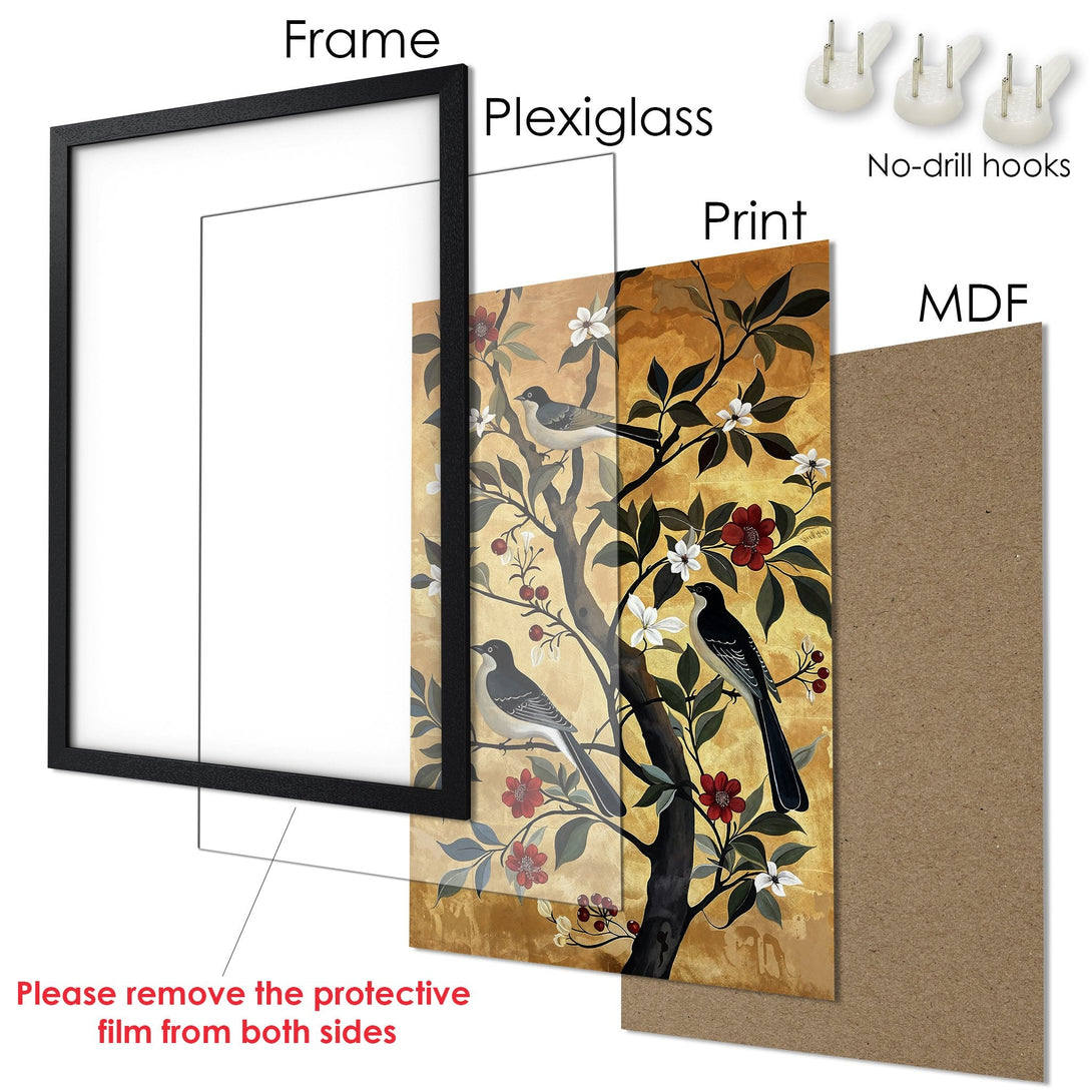 Framed Poster featuring birds on a tree, in a vintage style with a gold and red color palette. Add art to your home!