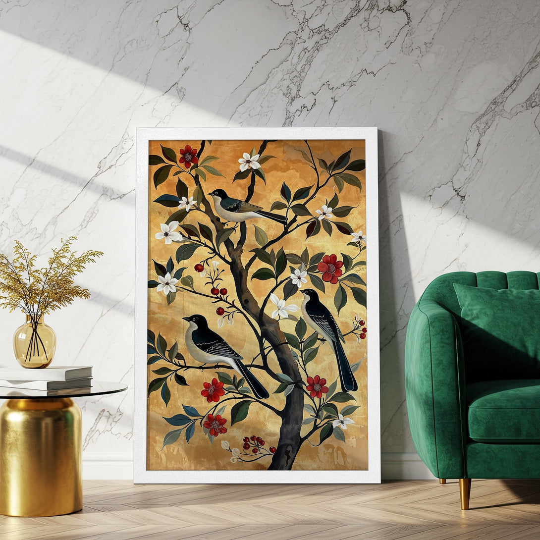 Framed Poster featuring birds on a tree with a gold, red, and green color palette. Perfect wall art for any room.