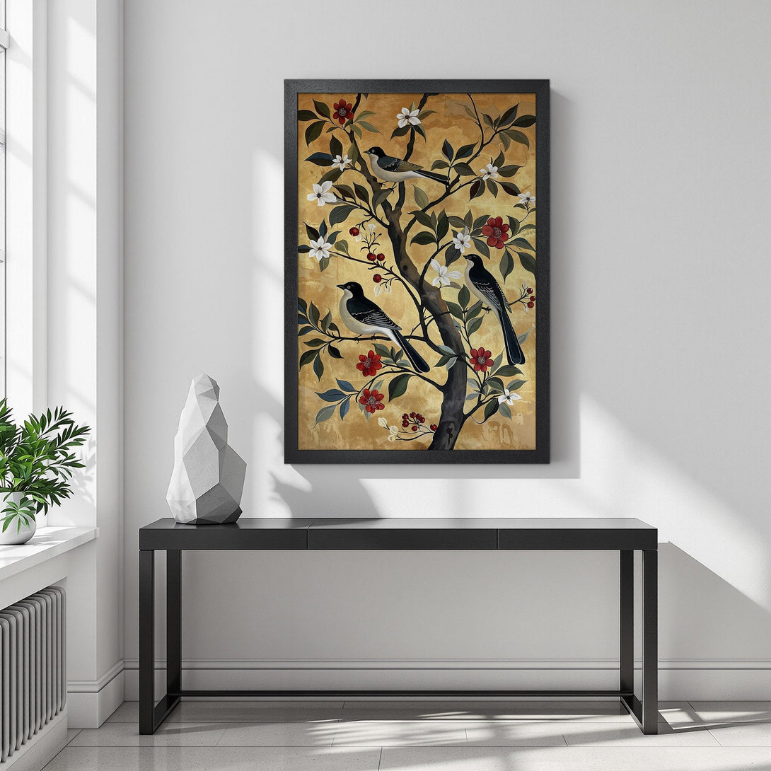 Framed Poster featuring birds on a tree with a gold background. Stylish art print with a warm color palette, perfect for home decor.