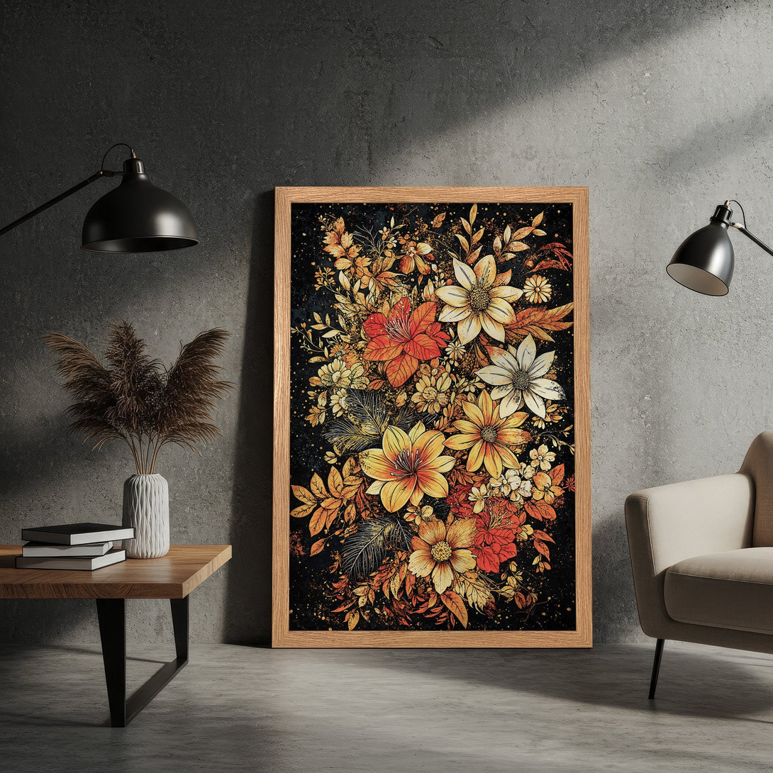 Framed Poster featuring a floral design in warm orange, yellow, and red tones on a black background. Perfect wall art for home decor.