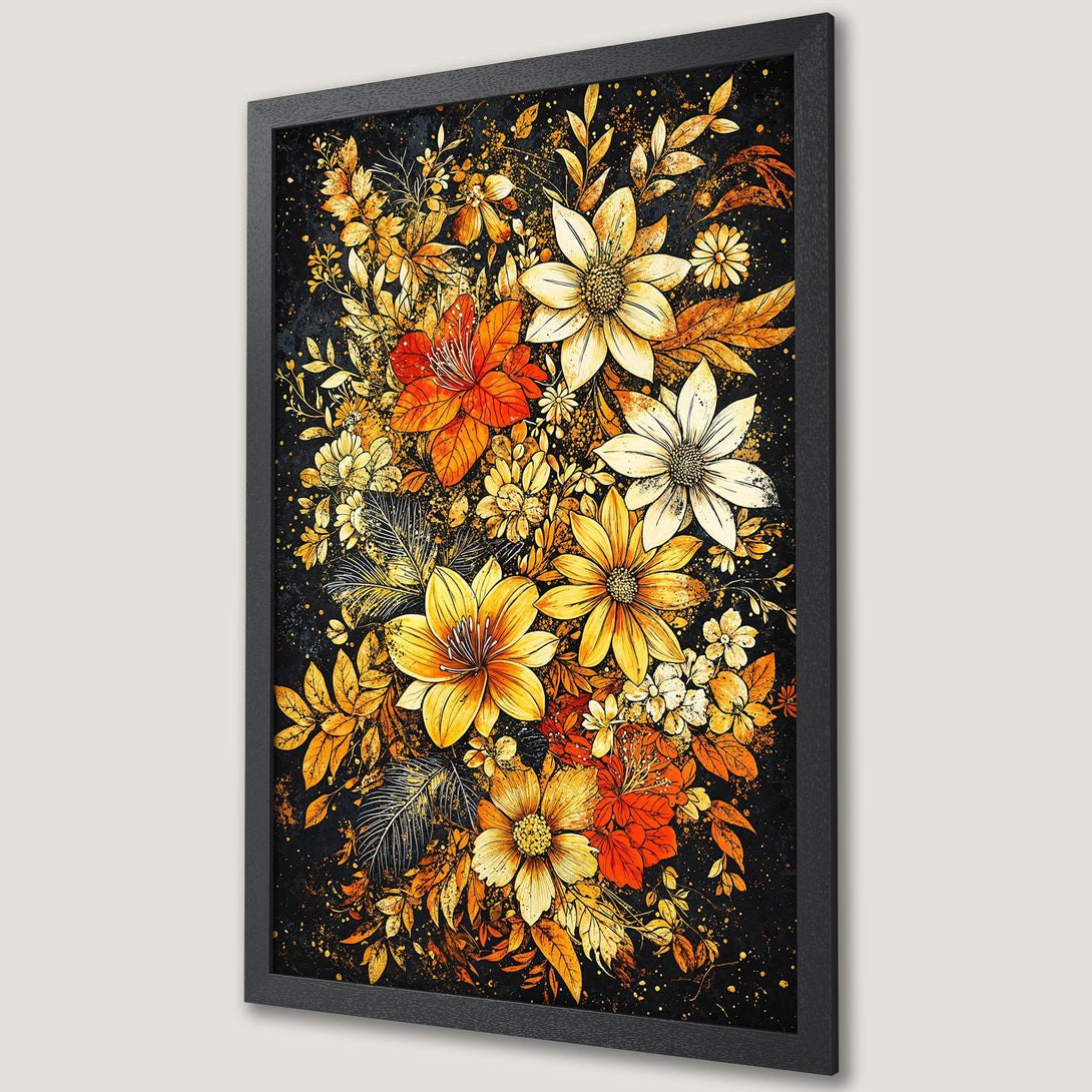 Framed Poster of vibrant floral art in warm yellow, orange, and gold tones against a dark background. Perfect wall decor!