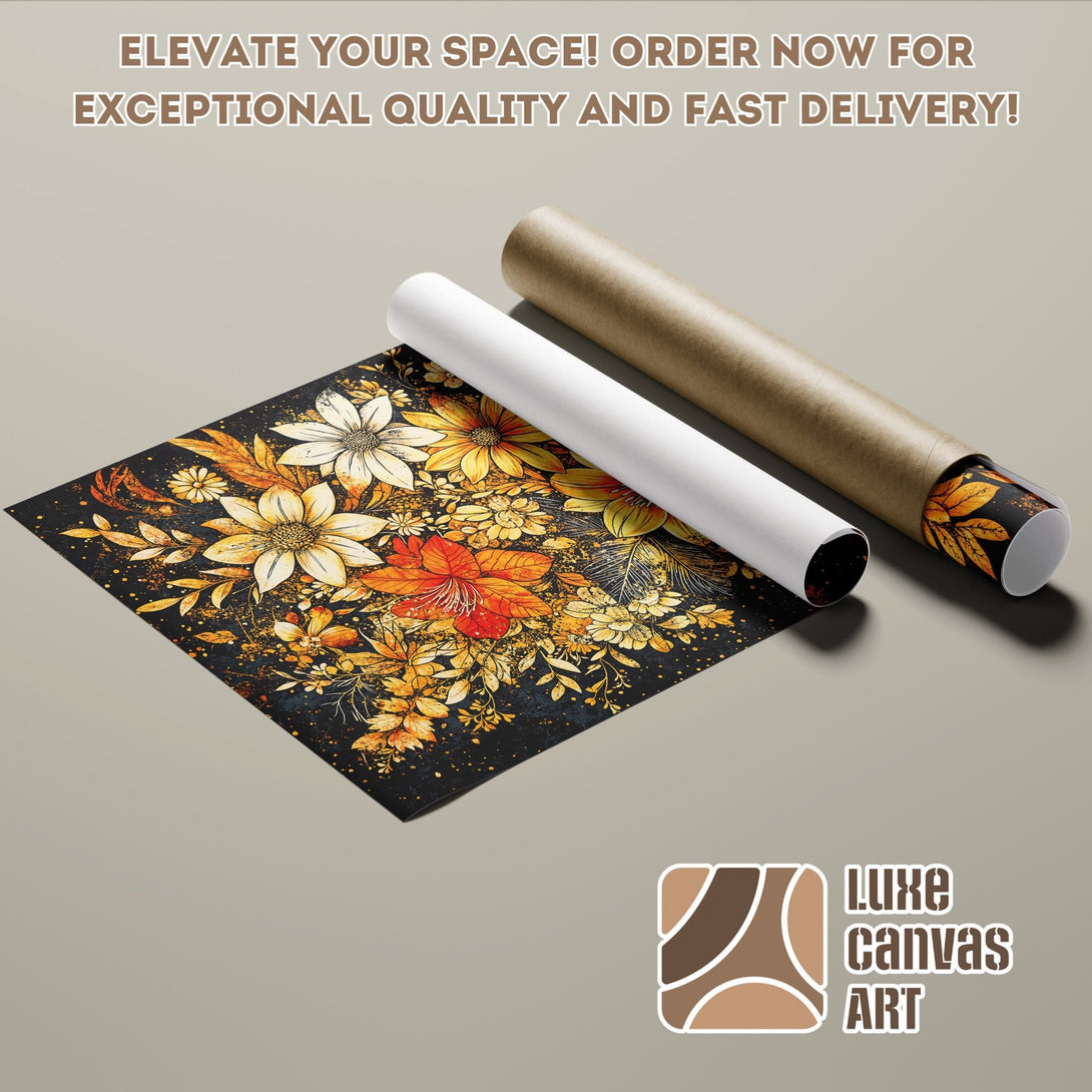 Floral Poster Roll in warm gold and orange tones, perfect wall art to elevate your space. Order now!