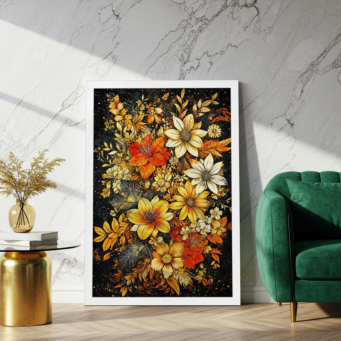 Framed Poster featuring vibrant floral art in warm gold, orange, and yellow hues on a dark background. Perfect wall decor!